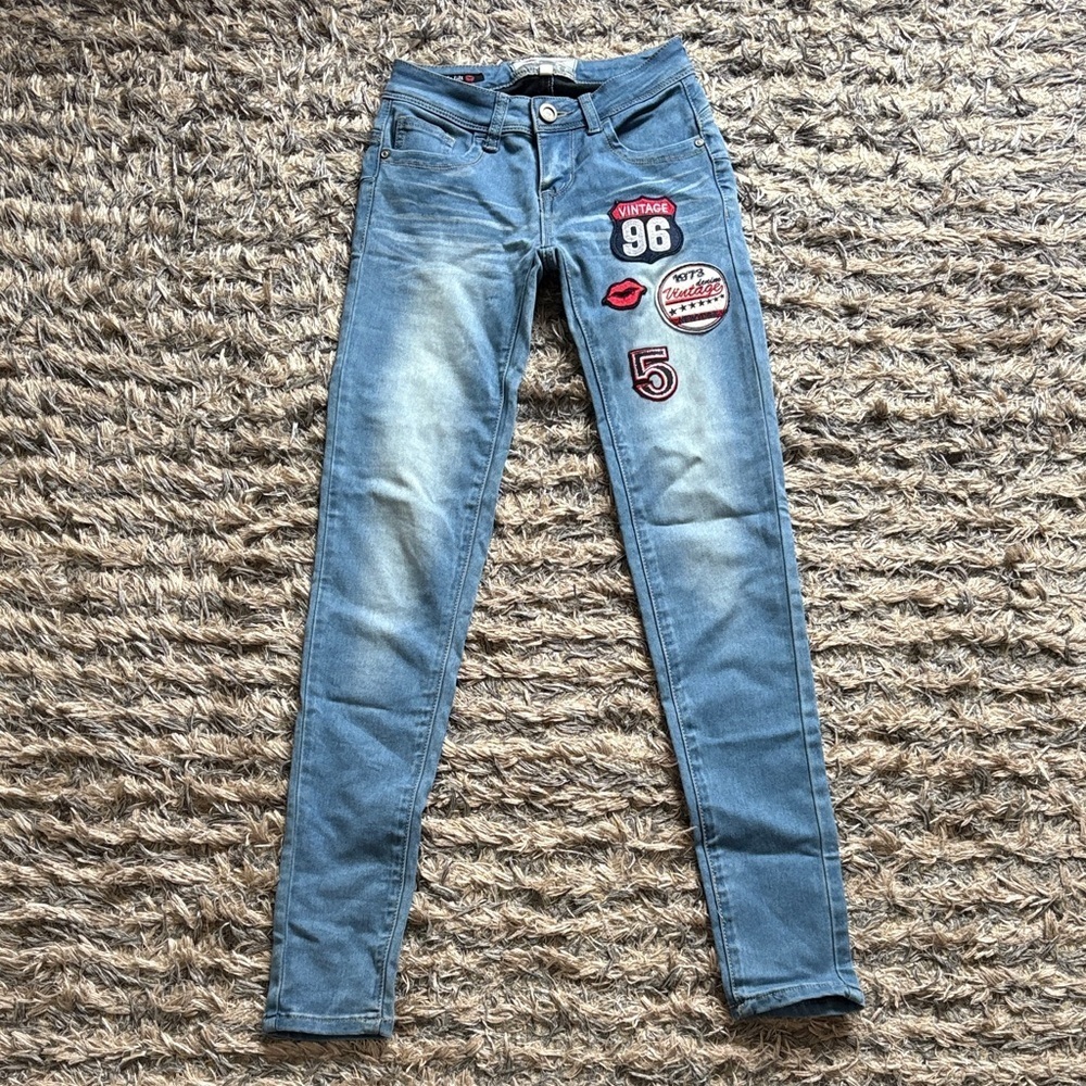 Hot Kiss Women's Blue Skinny Jeans with Retro Fun Patches, Size 0